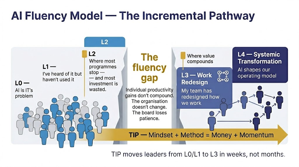 TIP AI Fluency Model: L0 Unaware through L4 Systemic Transformation. The fluency gap between L2 Individual Use and L3 Work Redesign is where most organisations stall. TIP bridges this gap.